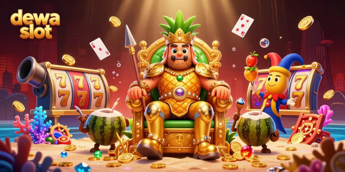 Spin and win at dewa slot with golden pineapple king amidst vibrant beach casino treasures.