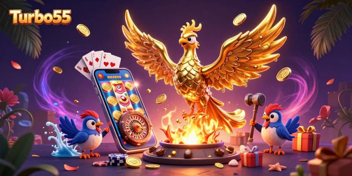 Turbo55 energizes gameplay with a golden phoenix, spinning slots, and vibrant casino elements.
