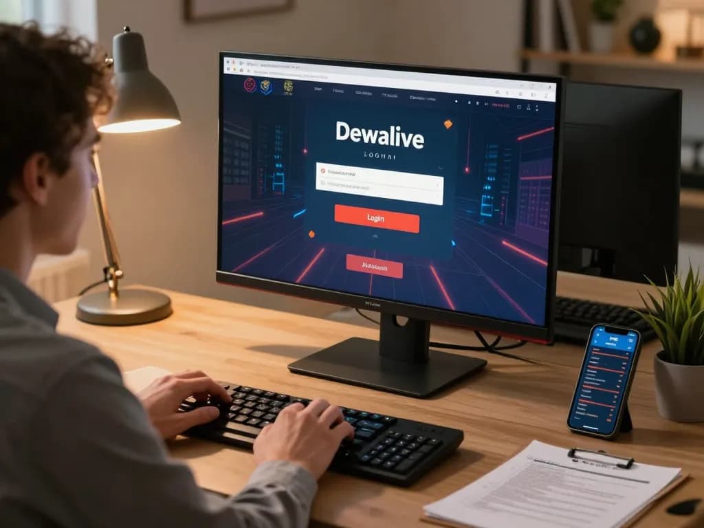 Dewalive Login interface displayed on a sleek monitor during a strategic online gaming session, showcasing responsible play.