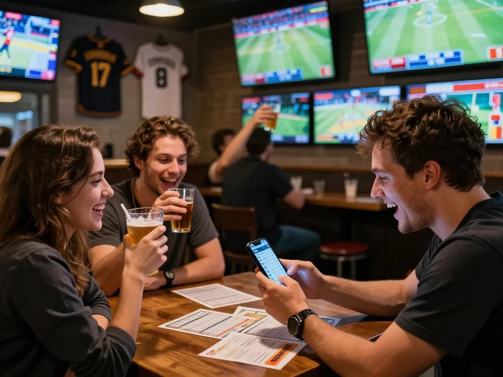 Penggemar SPBO memeriksa skor langsung di smartphone di bar olahraga yang ramai