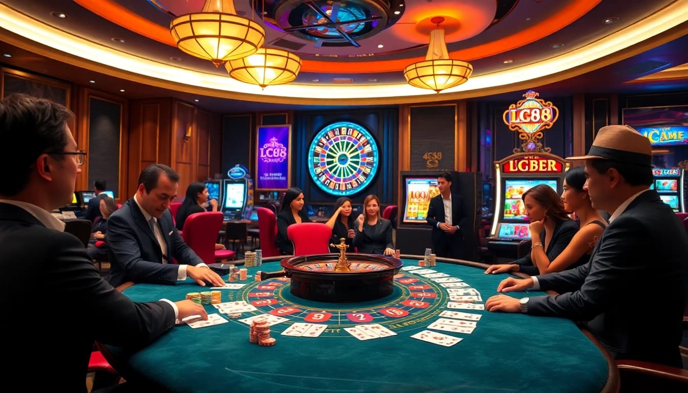 Players experience high-stakes excitement at LC88 casino gaming tables with vibrant poker chips and roulette wheels.