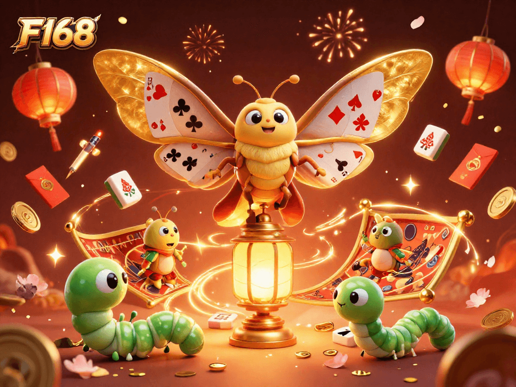 Engage with the vibrant F168 experience amid a dazzling casino scene featuring golden elements and lively characters.