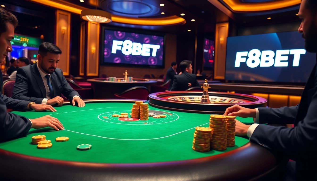 Experience F8BET with an elegant poker table, vibrant chips, and a thrilling atmosphere.
