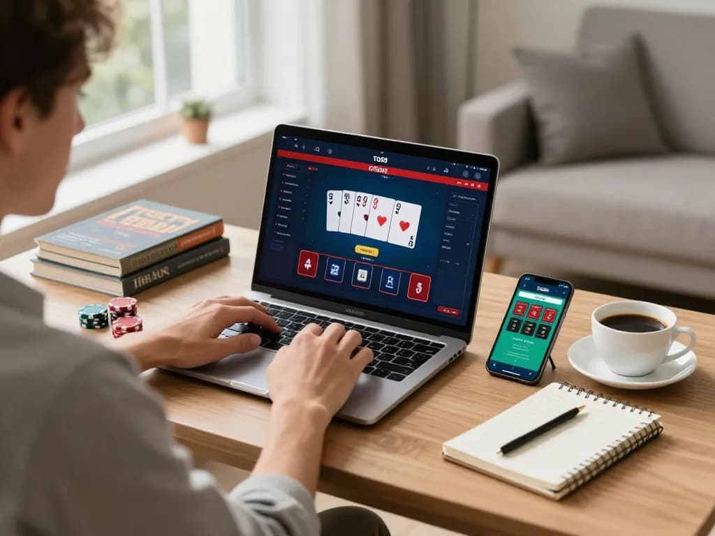 Engaged player using tg88 platform for online poker, surrounded by strategy books and devices in a cozy home office.