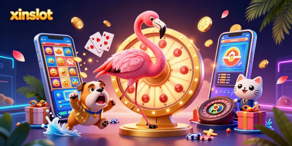 XINSLOT spins a giant prize wheel in a vibrant casino scene with colorful elements and characters.