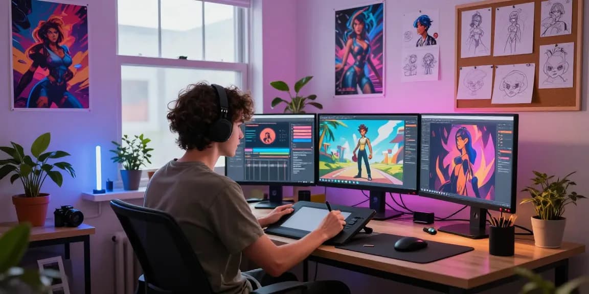 Engaging artist at a vibrant workspace creating NSFW AI character models with digital tools and neon lighting.