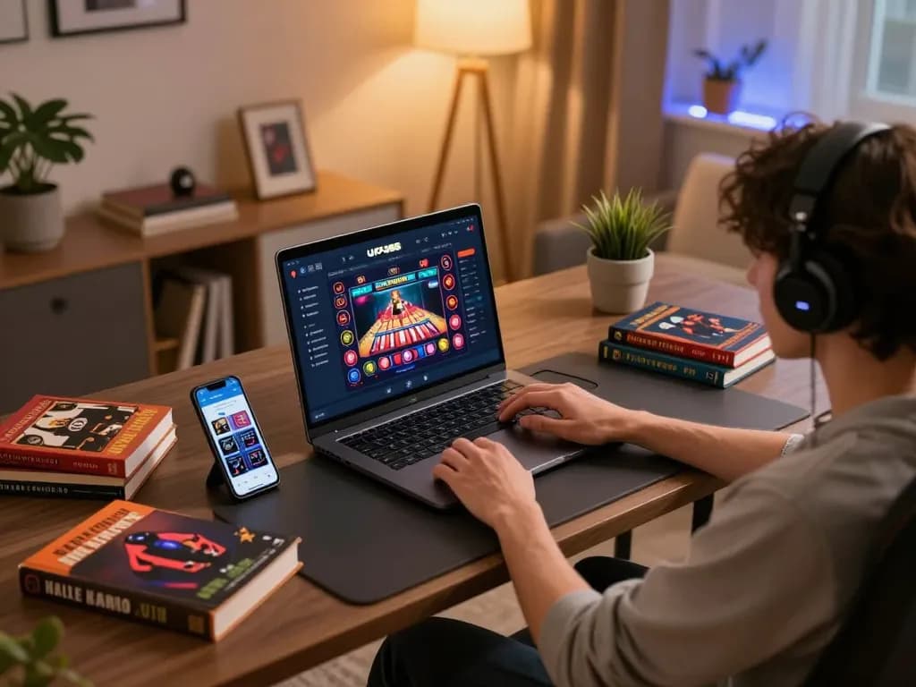 Engaging in UFA366 online betting strategies at a modern gaming desk with laptop and smartphone.