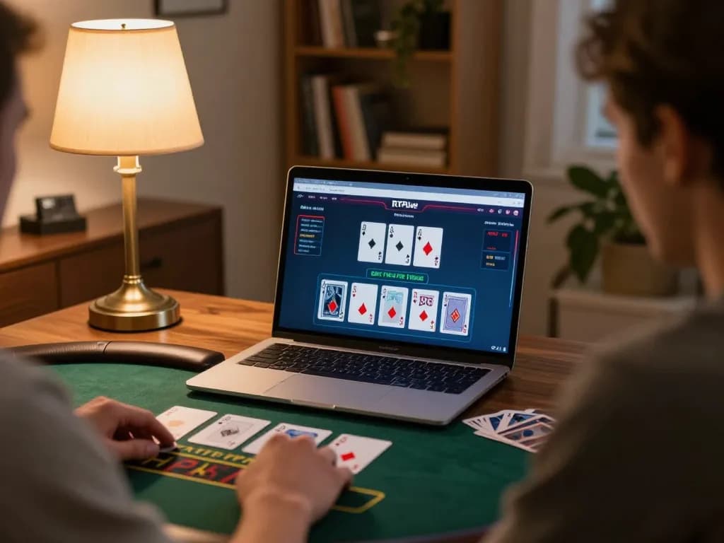 Engaging in RTP Live blackjack at home with cards on the screen for strategic gameplay.