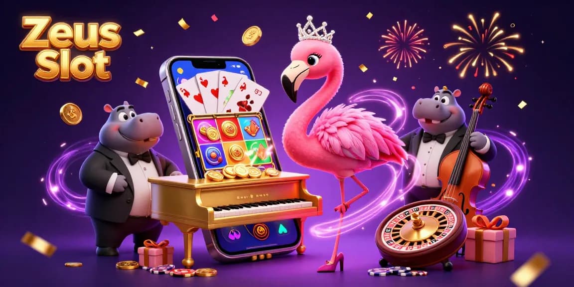 Spin the reels on Zeus Slot amid a vibrant casino scene with a singing flamingo and a hippo bassist.