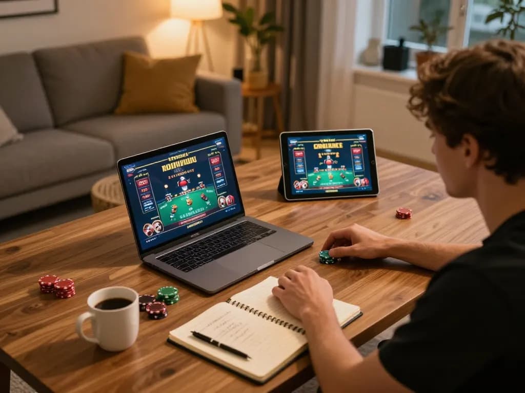 Engaging in online poker gameplay with liên minh okwin on a laptop in a cozy home setting.
