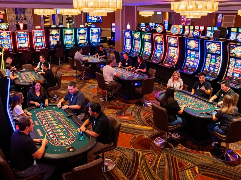 Engaged players at non gamstop casinos enjoying vibrant roulette tables and slot machines