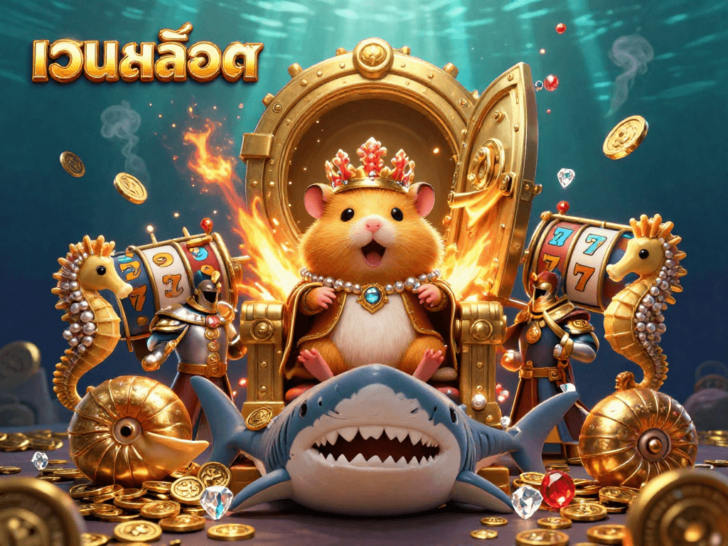 Experience เว็บสล็อต magic with a golden hamster king and treasure-filled underwater scene.