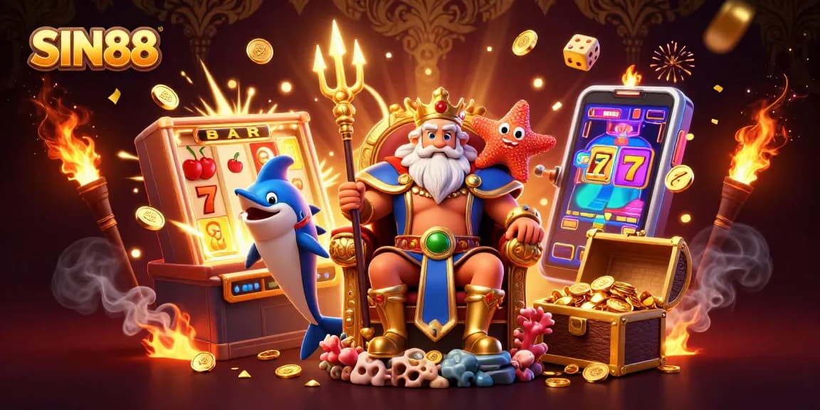 SIN88 brings excitement with a vibrant slot machine and Neptune's treasure in this dynamic casino scene.