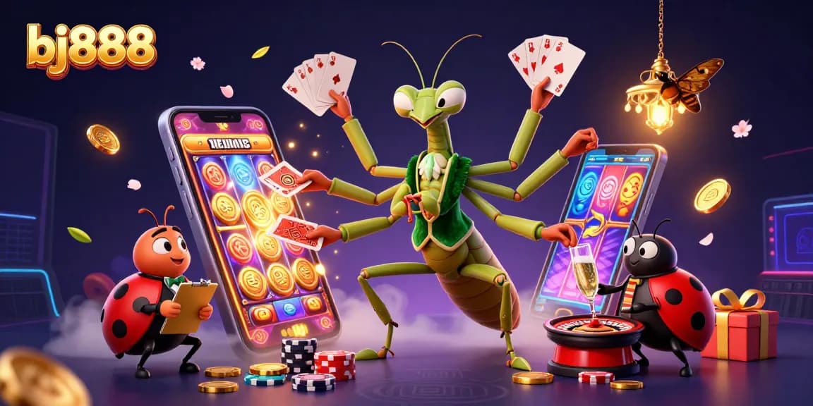 Experience the thrill of bj888 casino with a vibrant 3D illustration featuring cartoon characters engaged in gambling.