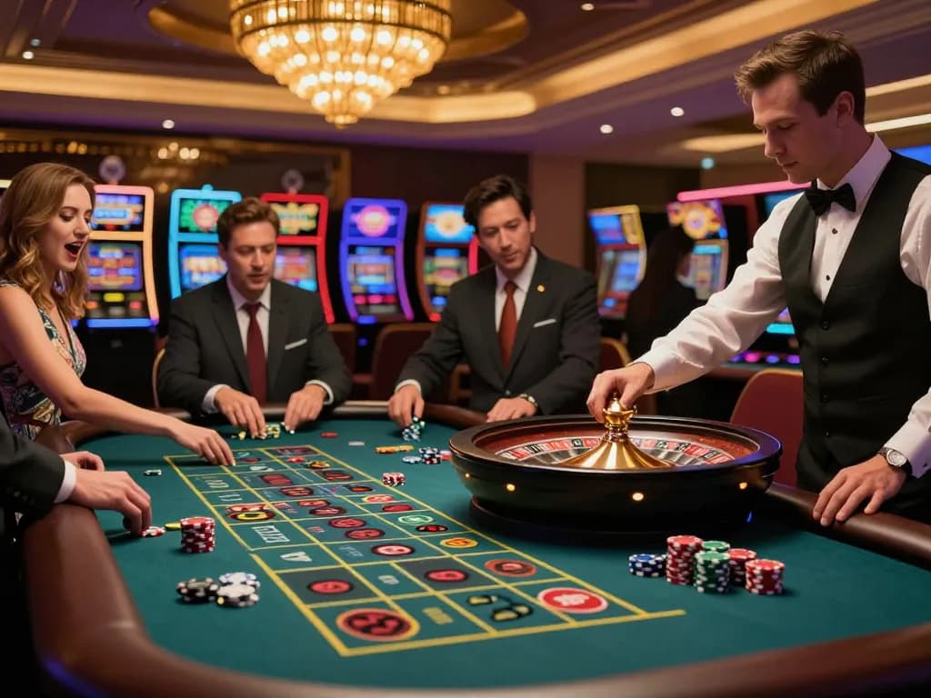FIVE88 players betting at a luxury roulette table, excitement in the air at a vibrant casino.