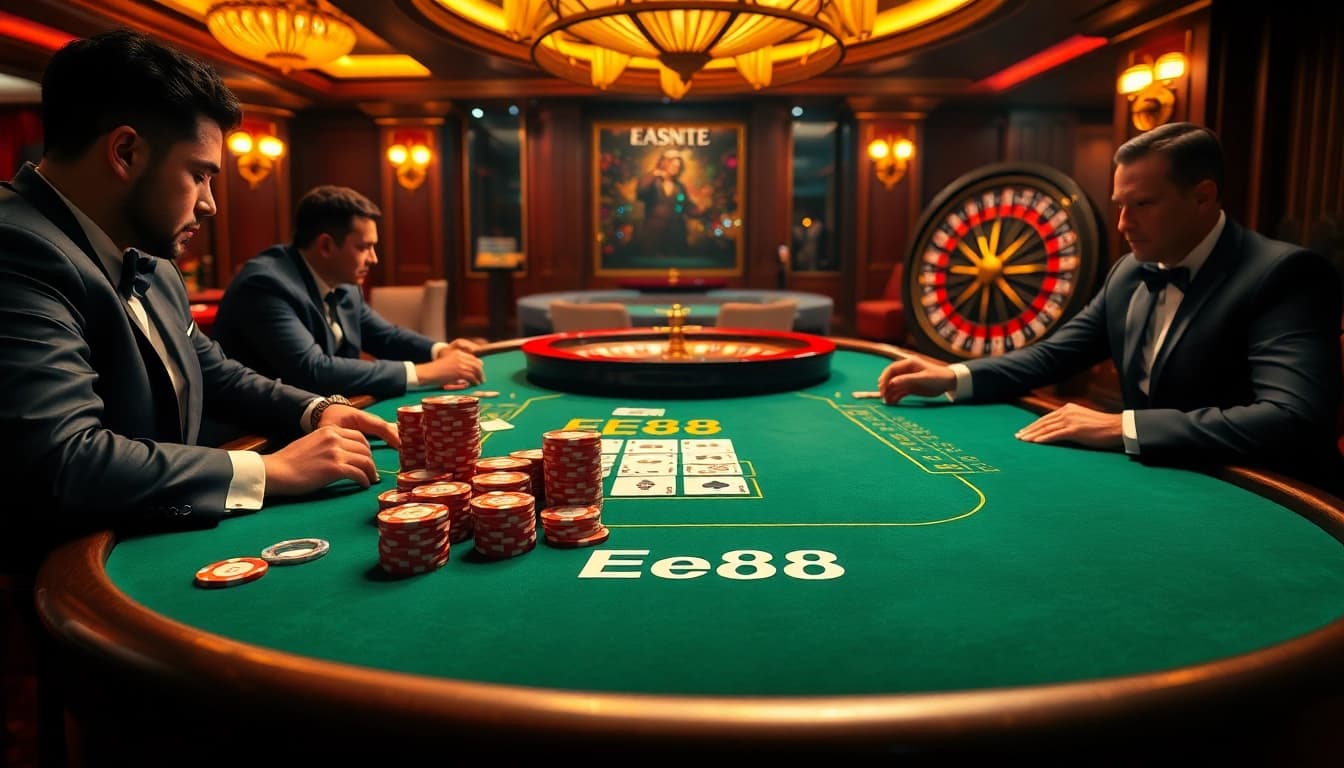 Experience high stakes with Ee88 at a luxurious poker table filled with vibrant chips and cards.