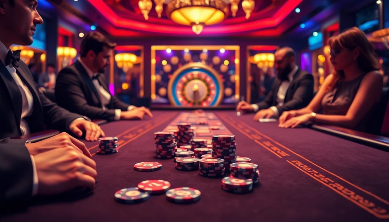 Players enjoying an MK8 gaming experience at a vibrant casino table with colorful chips.