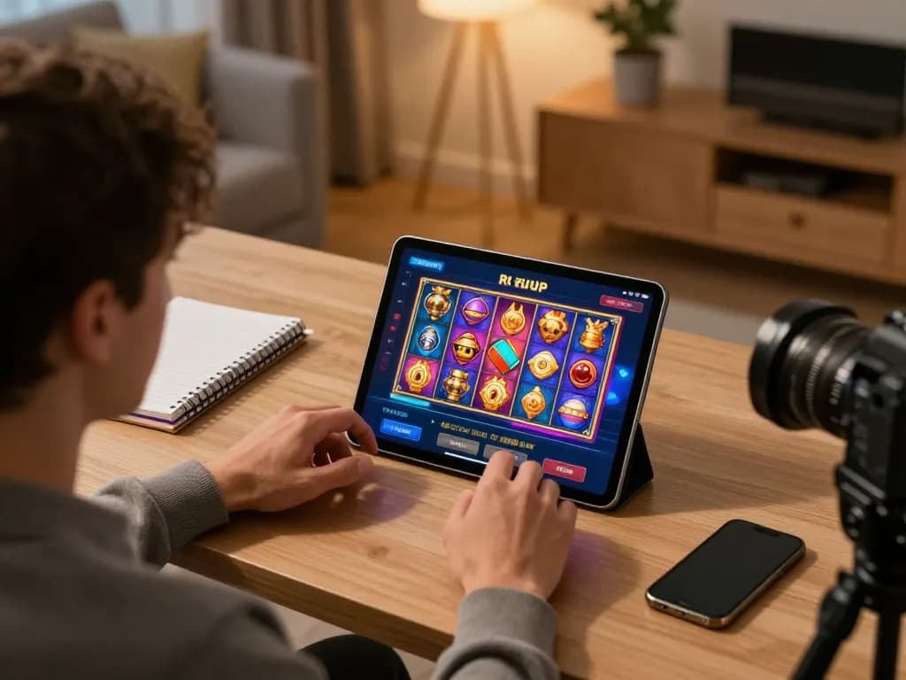 Player enjoying the RIKVIP casino app on their tablet, surrounded by notebooks for strategy planning.