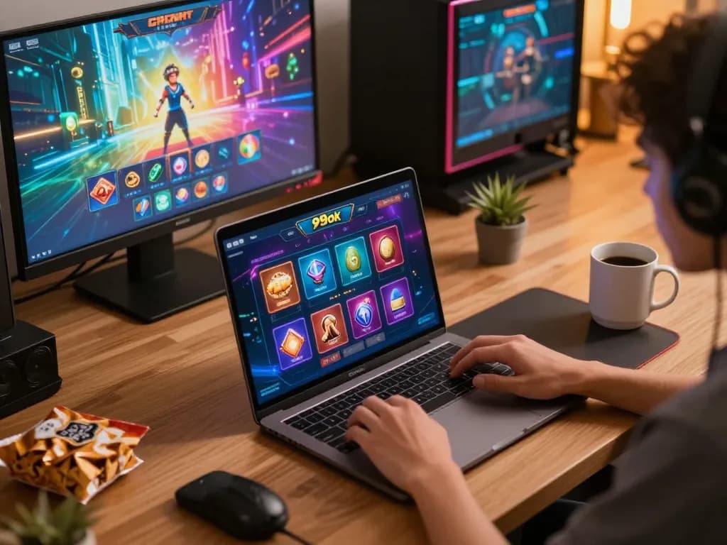 Player enjoying engaging 99ok casino games on a modern laptop, capturing the excitement of online gaming.