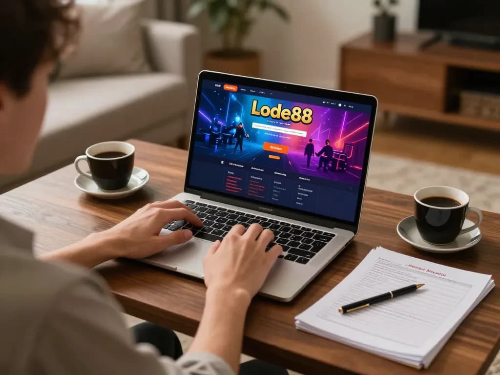 Lode88 player engaging with online slots on a laptop, showcasing strategic gaming setup at home.