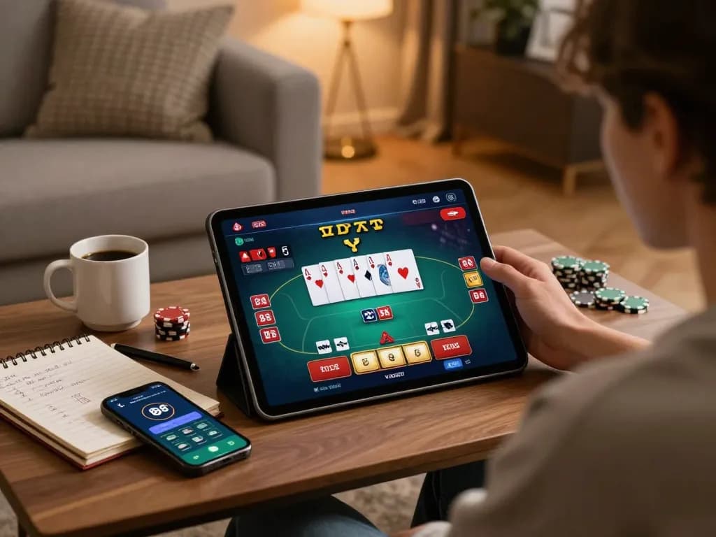 Player engaging with LV88 online casino app on tablet amidst strategic notes in cozy lighting.