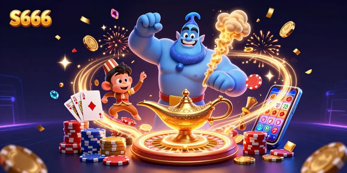 Experience the excitement of S666 with a powerful genie and vibrant casino elements in a rich 3D scene.