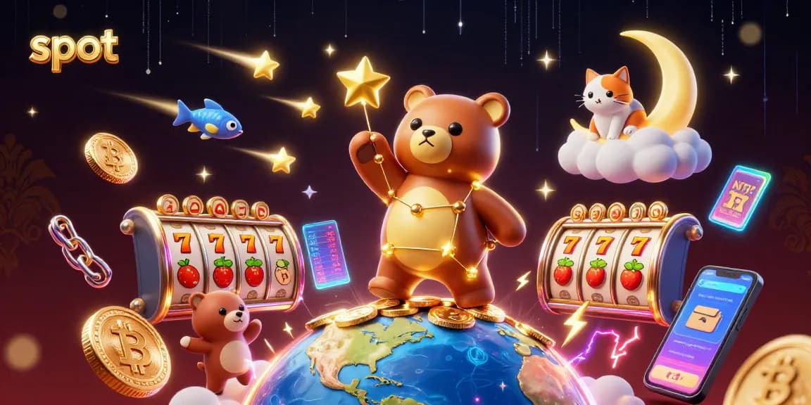 Menggali slot dengan jackpot besar sambil dikelilingi bintang emas, uang Bitcoin, dan simbol keberuntungan.