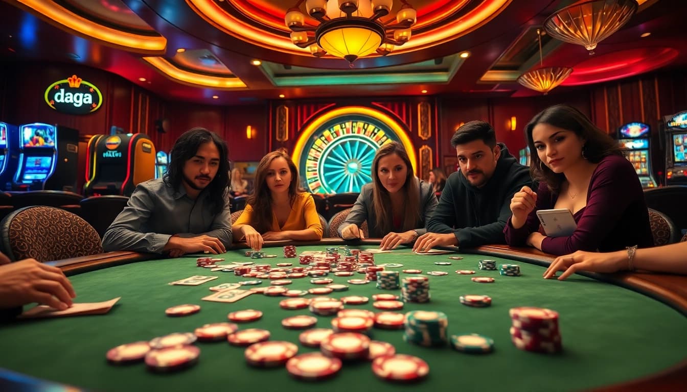 Engage in thrilling gambling at a poker table with vibrant daga-themed elements.
