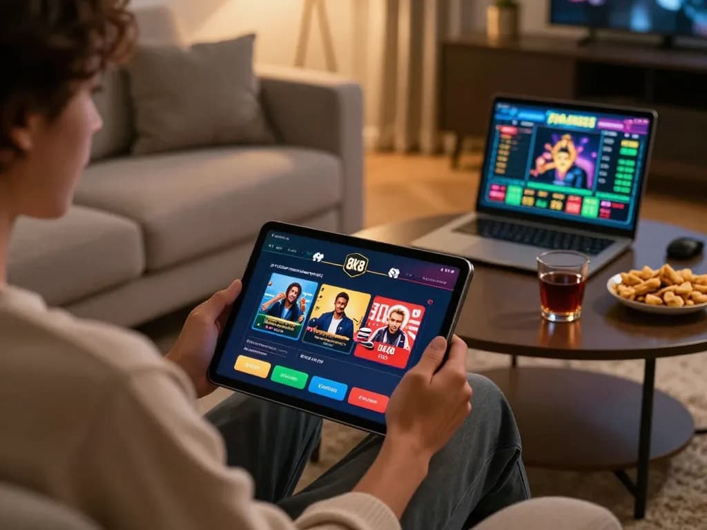 Player enjoying the 8k8 casino app while relaxing in a cozy living room setting