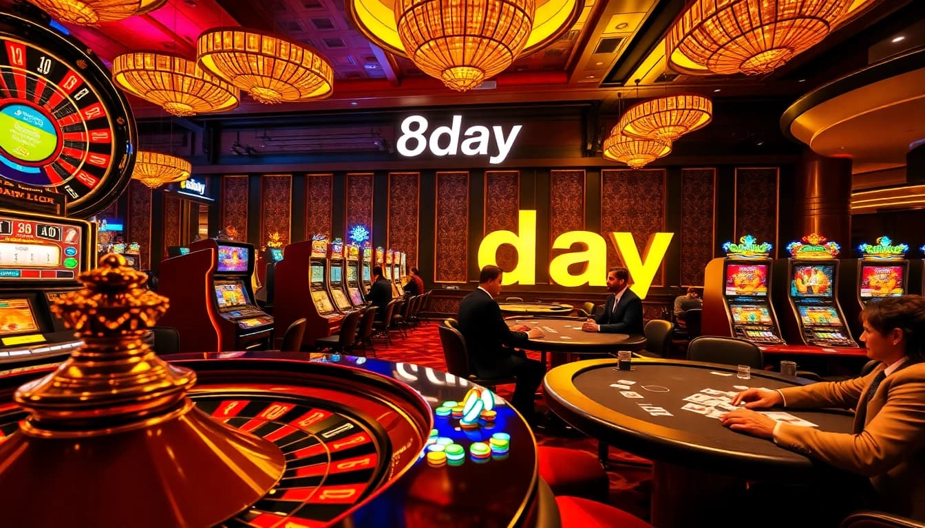 Experience an exciting game at 8day casino with vibrant poker tables and glowing slot machines.