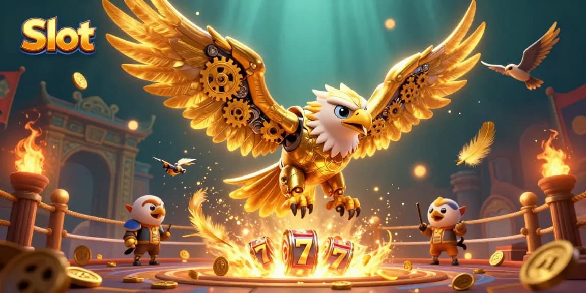 Spin the reels of vibrant slot games with a cybernetic eagle amidst a cascade of luck.