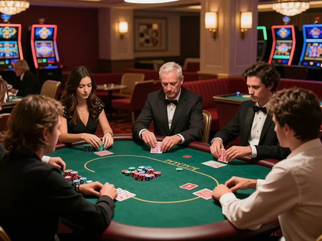 VA88 poker game in elegant casino setting, showcasing players engaged in strategy and excitement.