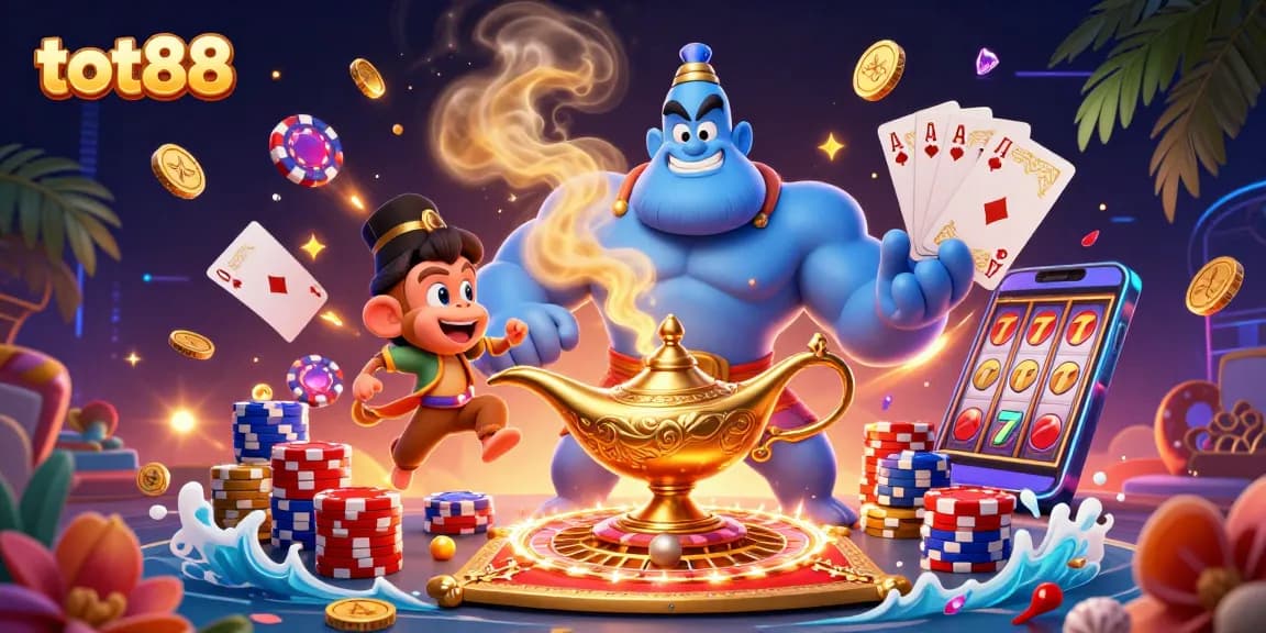 Experience the thrill of tot88 with a dynamic casino scene featuring a genie, monkey, and poker elements.