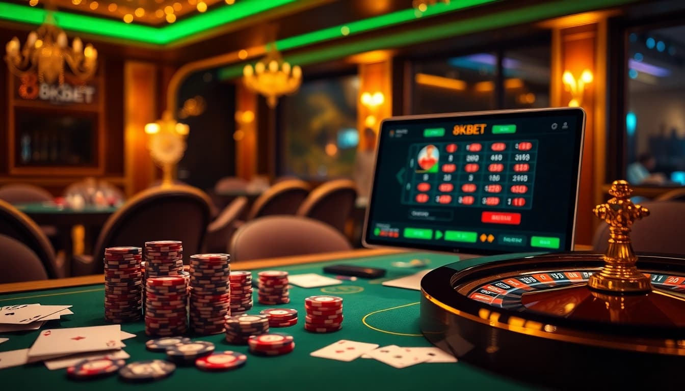 Experience premier gambling excitement at 8KBET with casino tables and online betting interfaces.
