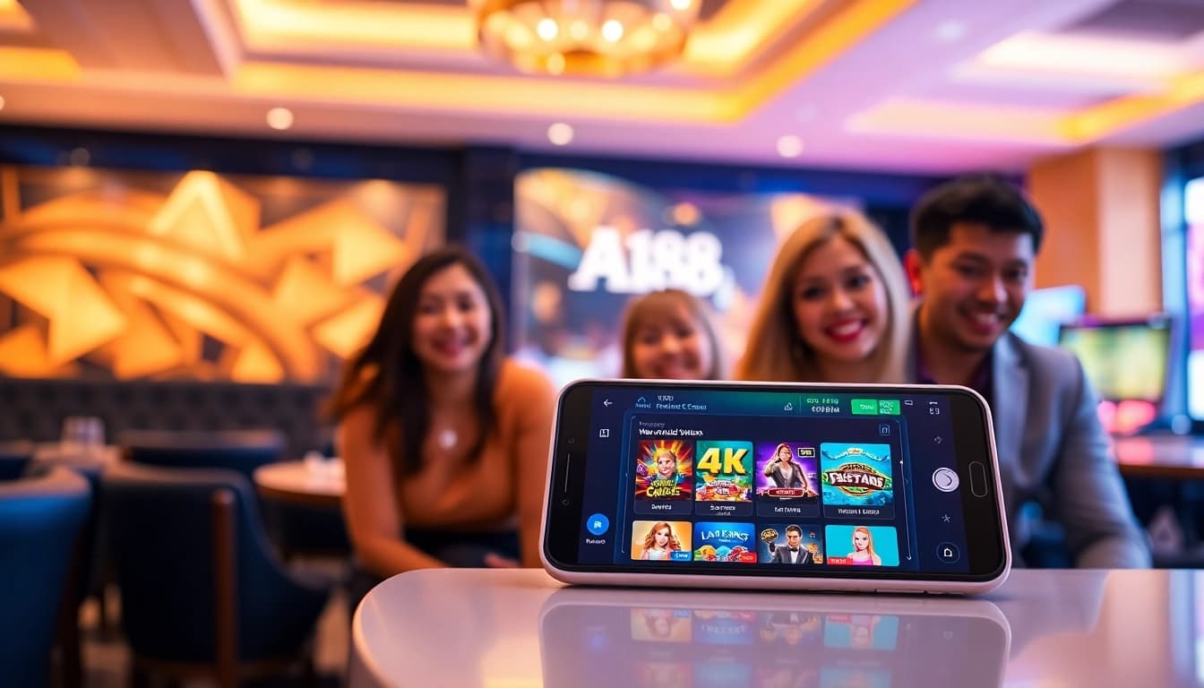 A188 online casino platform featuring a modern smartphone interface with exciting game graphics.