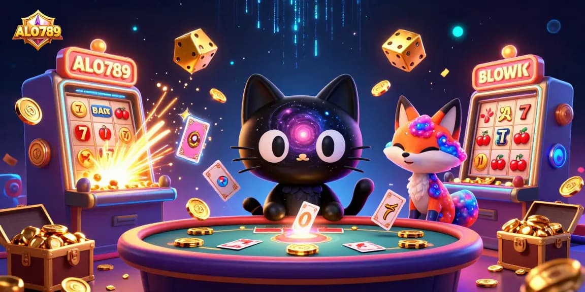 ALO789 whirs at the cosmic casino table, attracting golden chips and cards in a vibrant 3D digital scene.
