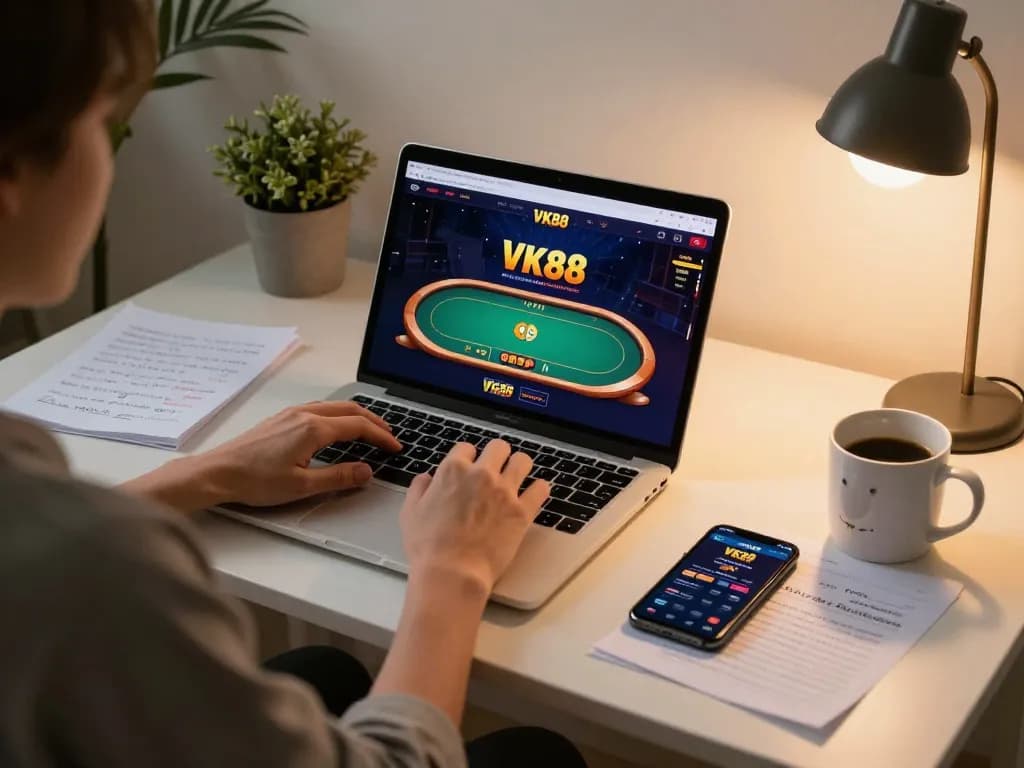 Engaging in VK88 online poker gameplay at a stylish home gaming setup with notes and strategies