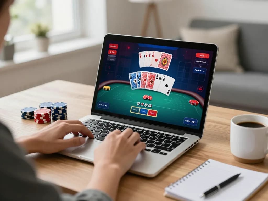 Engaging in an online poker game at home, showcasing interaction with the uu88 platform.