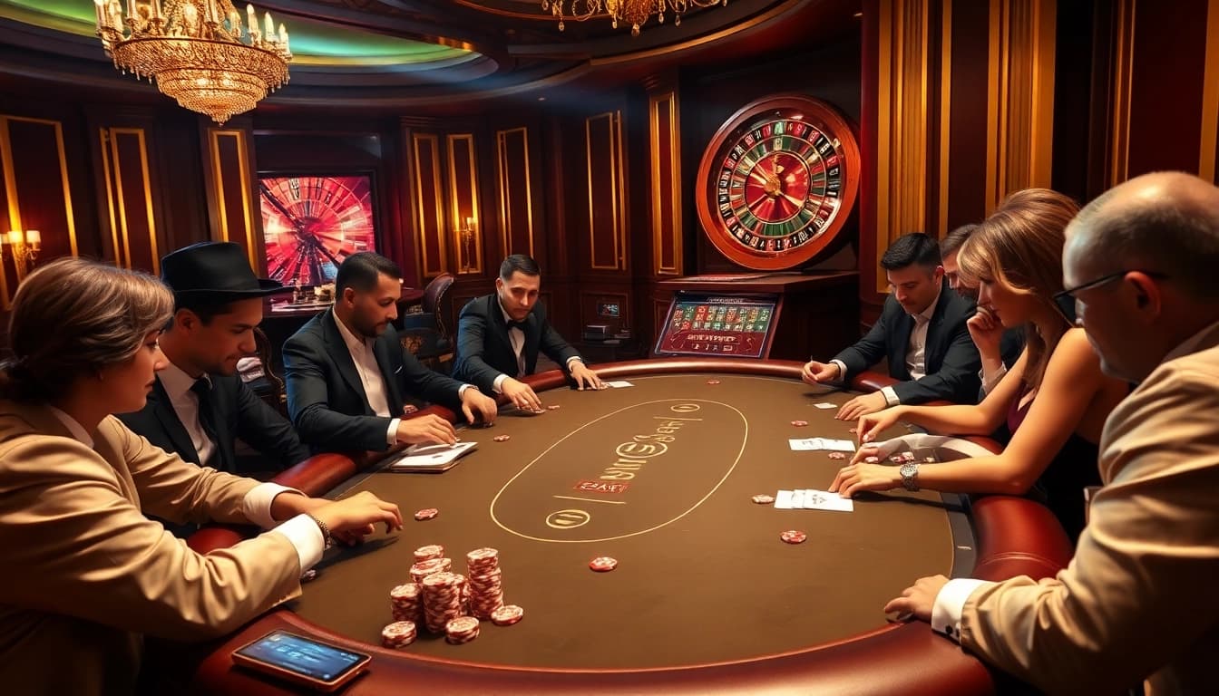 Engaged players enjoy a high-stakes poker game at MMOO's luxurious casino table.