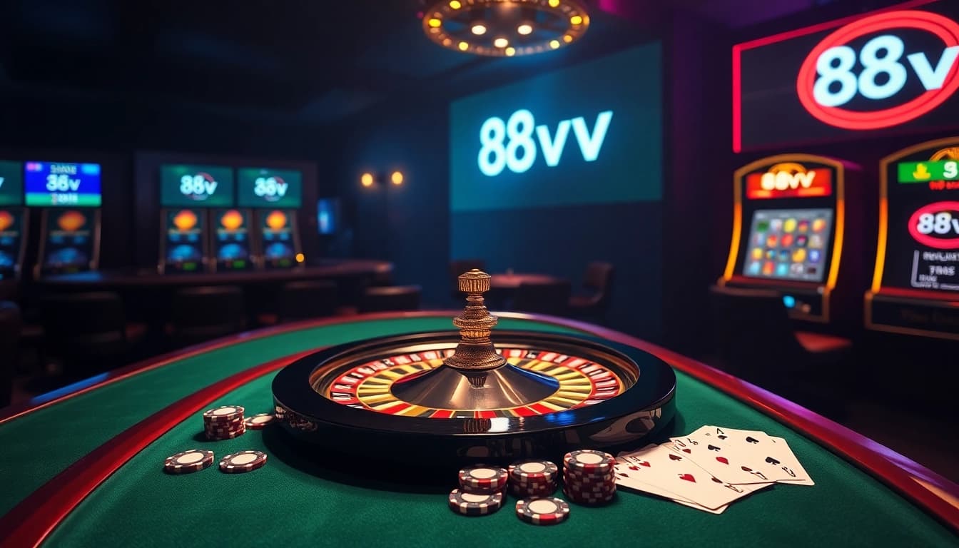 Gambling excitement at 88vv with roulette, cards, and vibrant casino atmosphere.