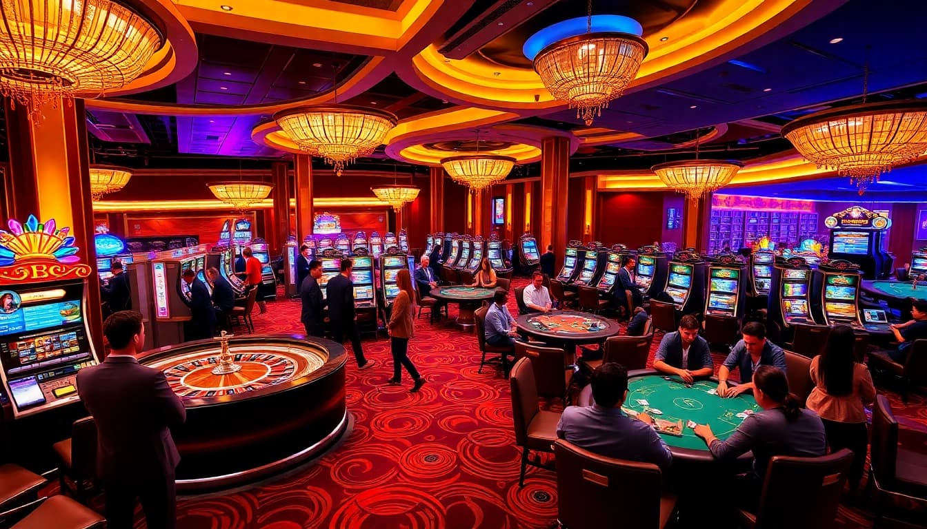 Experience the excitement of fb88 with diverse gamblers at a luxurious casino scene featuring roulette and poker tables.