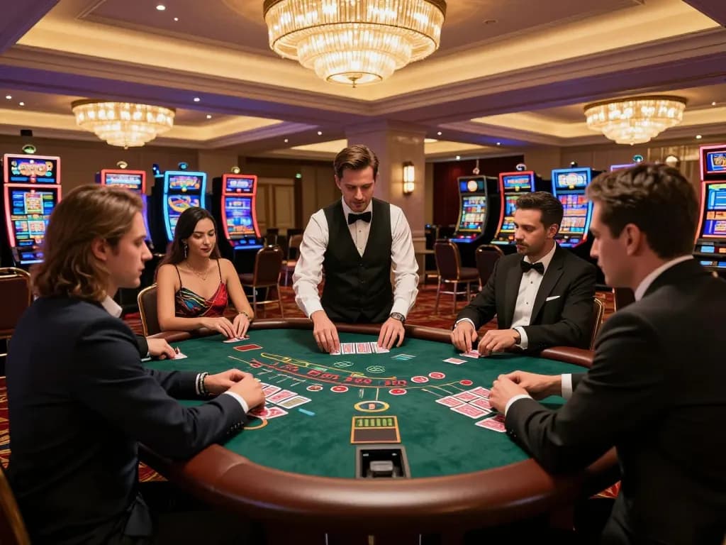 SIN88 blackjack table scene showcasing strategic gameplay with players in luxury attire.