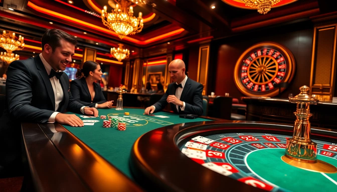 Players enjoying thrilling poker at Thabet's luxurious casino environment, with vibrant chips and cards.