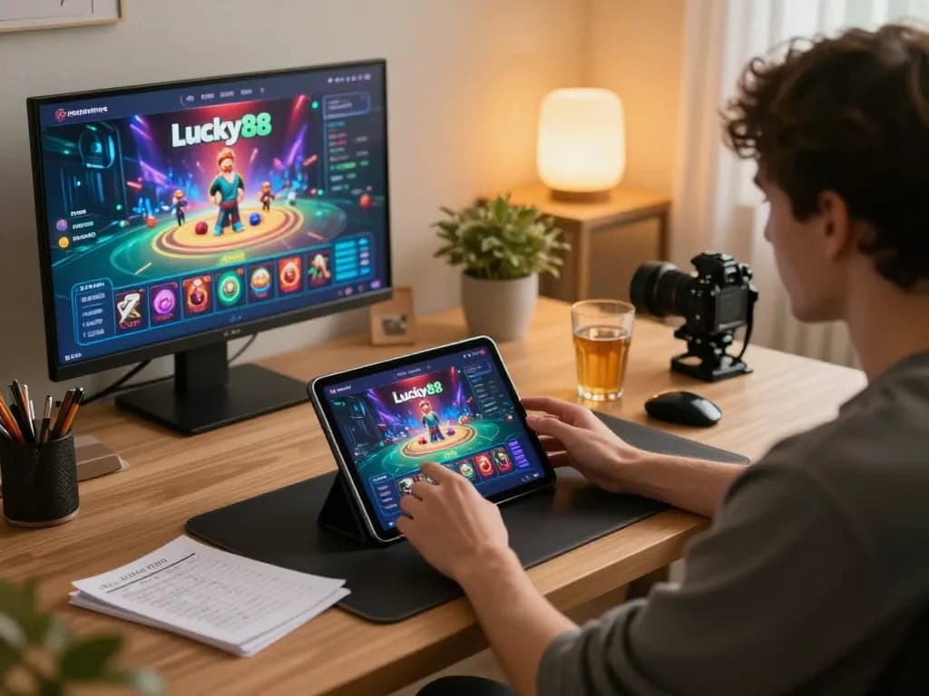 Engaging with the Lucky88 casino app on a tablet for a responsible gaming experience