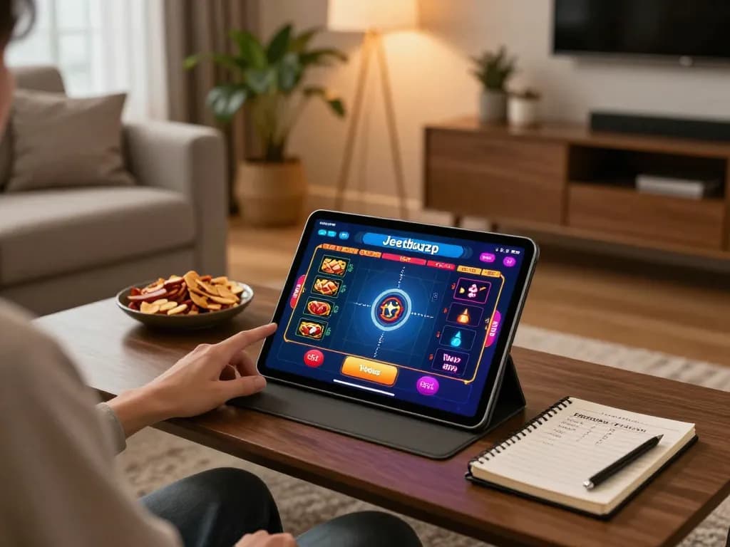 Engaging with the Jeetbuzz App on a tablet while enjoying an online casino game in a cozy living room.