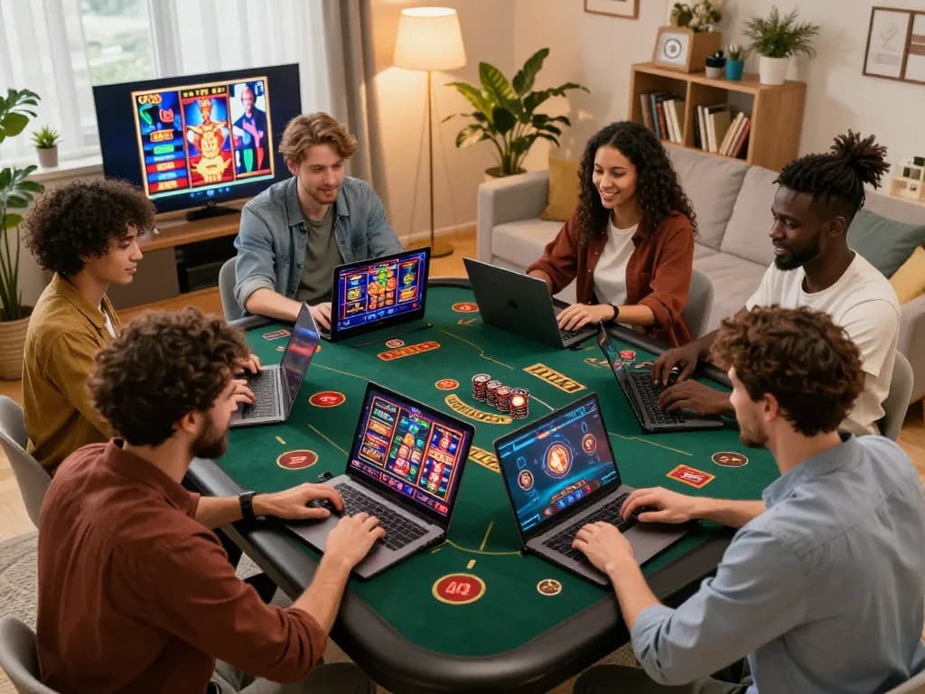 Friends enjoying online gambling on laptops at home while using Bongdalu for strategies.