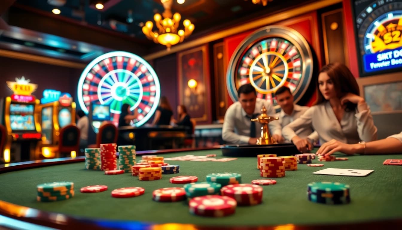 Witness the thrilling action of Dominoqiu on a vibrant poker table with colorful chips and cards.