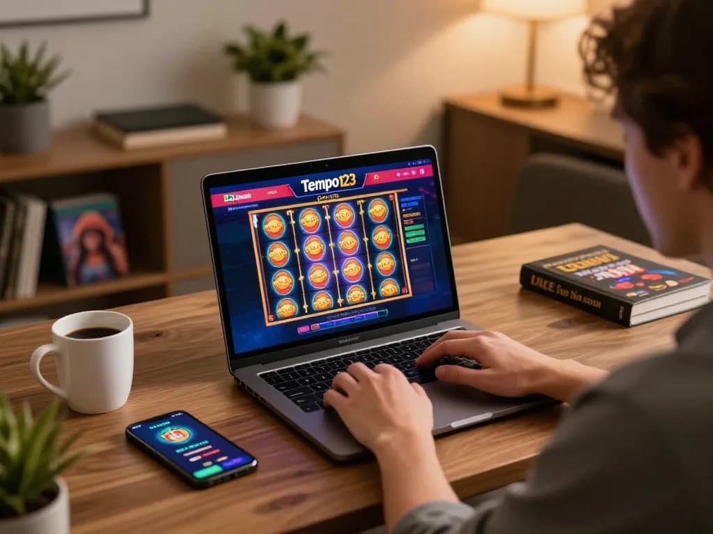 Permainan kasino online yang menarik di Tempo123, menampilkan antarmuka permainan slot berwarna-warni dan fokus pemain.