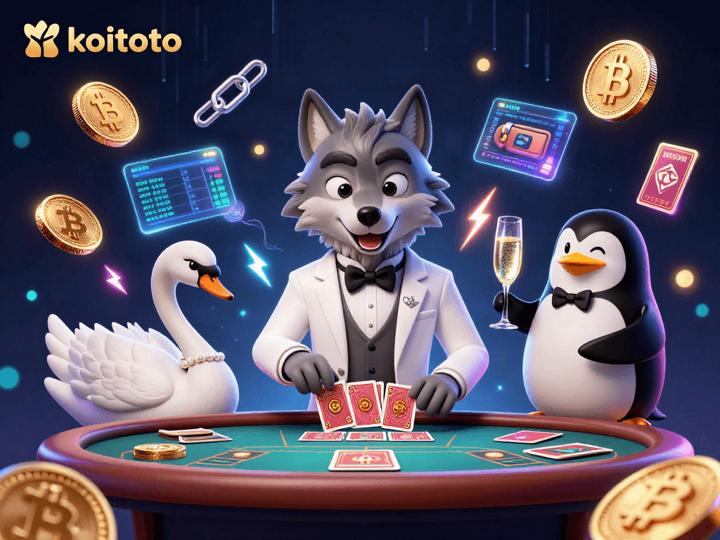 Koitoto showcases a lively card game scene featuring a debonair wolf at baccarat with cryptocurrency elements.