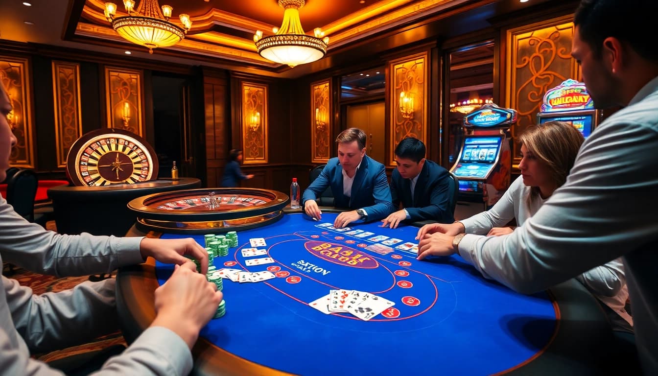 B52 CLUB gaming table filled with poker chips and intense players enjoying a thrilling game.